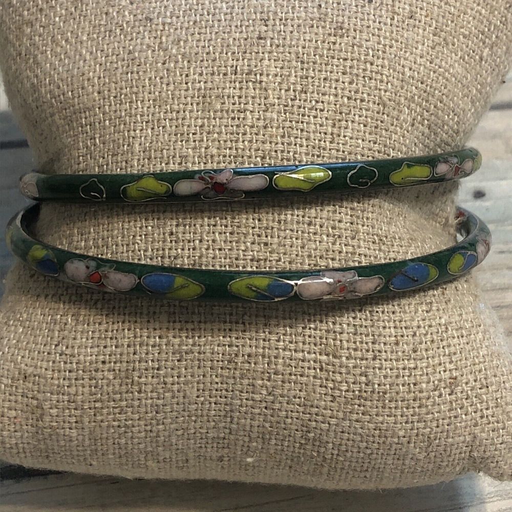 Cloisonne Set‎ of 2 Green Bangles Bracelet estate lot